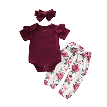 Bebek Giysileri Yeni Doğan Bebek Kız Üstleri Bodysuit Çiçek Pantolon Kafa Bandı Kıyafetler Giysi Set 3 ADET