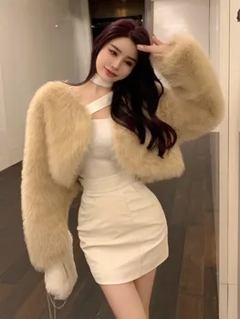 Kore Moda Sahte Kürk Ceket Kadınlar için Katı Uzun Kollu Gevşek Sıcak Kısa Dış Giyim Bayan Şık Sonbahar Kış Kadın Zarif Giysiler