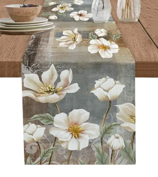 Retro Bitki Beyaz Çiçek Soyut Keten Masa Koşucu Mutfak Masa Dekorasyon Çiftlik Evi yemek masası Örtüsü Düğün Parti Dekor