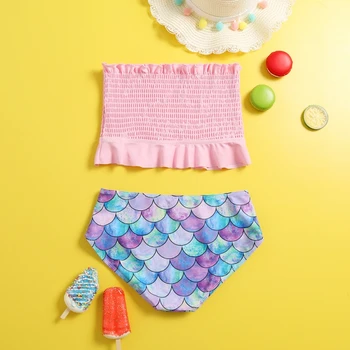 5-14Y Kız bikini seti Şeker Renk Halter Bluz + Balık Pulu Baskı Kısa Hızlı Kuru Moda Mayo Çocuk Genç Mayo Sörf Kıyafeti
