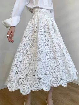 Tatlı Elbise Beyaz Dantel Çiçek Kek Etek Kadın İlkbahar ve Sonbahar Yüksek Bel Orta Uzunlukta A-line Etek Yarım Uzunluk Uzun Etek