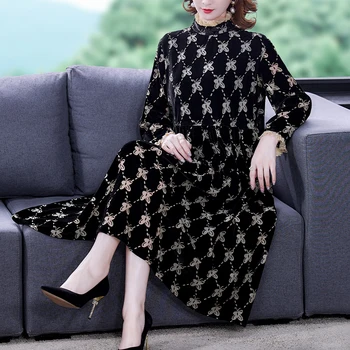 Sonbahar Kış Siyah Çiçek Kadife Gevşek Bel Midi Elbise Kadın Moda Şık Dantel Ruffled Yaka Elbise 2023 Kore Vintage Elbise