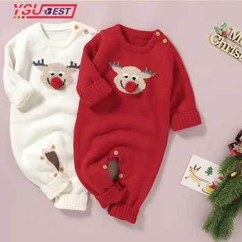 Noel Bebek Giysileri Örgü Yenidoğan Bebek Erkek Kız Geyik Romper Örme Sıcak Tulum Noel Bebek Kostümleri Giysi Yeni Yıl Hediye