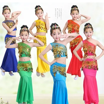 100-160CM Oryantal Dans çocuk Günü Kadın Omuz Kapalı Kız Cosplay Sahne Pullu Oryantal Kostümleri Çocuklar için Etekler Kuyruk Balık