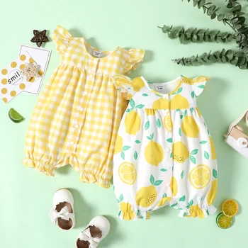 PatPat Bebek Kız Allover Sarı Ekose / Limon Baskı Çarpıntı kollu Yapış Romper Yumuşak ve Rahat Geziler için Mükemmel