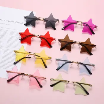 Çerçevesiz Yıldız Güneş Gözlüğü Kadın Erkek Komik Tonları Metal Pentagram Gözlük Noel Dekorasyon Gözlük Şeker Renk parti gözlüğü