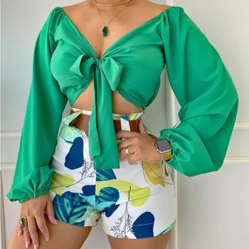 Seksi Kadınlar Çiçek Baskı Kısa Kollu Turn-aşağı Yaka Bandaj Gevşek Moda Yaz Beachwear Kıyafet