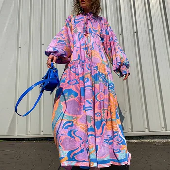 Zarif kadın Fener Kollu Parti Elbiseler Moda Yarım Yüksek Boyun Dantel Up Bohemian Elbise Yeni Sonbahar Graffiti baskılı uzun elbise
