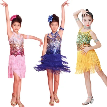 Çocuk Payetli Latin Balo Salonu Dans Elbise Kız Saçak Giyim Kostümleri Performans Giyim
