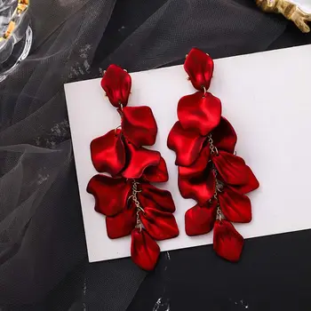 Parti Kişilik Moda Damla Metal Çiçek Kırmızı Gül Uzun Püskül düğme küpe Dangle Küpe Takı Aksesuarları