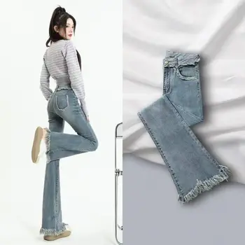 Mikro Flare Kot Kadınlar için 2023 İlkbahar ve Sonbahar Yeni Yüksek Bel Slim Fit Düzensiz Pantolon Kadın Z70