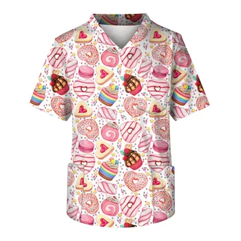 Artı Boyutu Baskılı Fırçalama çalışma üniforması Üstleri Erkek Çapraz V Yaka Kısa Kollu Eğlenceli T-Shirt İş Giysisi Tee Cepler İle