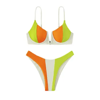 2023 Yeni Seksi bikini seti Bölünmüş Mayo kadın Blok Renk Mayo Üçgen Balenli Mayo İki Parçalı Beachwear