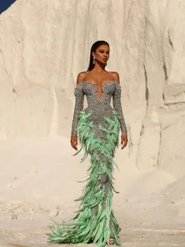 Lüks Mermaid Abiye Uzun Kollu V Boyun StraplessSequins Boncuklu Elmas Tüy Fermuar Seksi balo kıyafetleri Custom Made