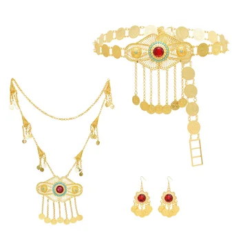 Bohojewelry Mağaza Altın Alaşım Kolye Kırmızı Rhinestone Seti Püsküller ile kadın Moda Küpe Kolye Bel Zinciri takı seti