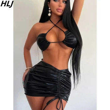 HLJ Siyah Seksi Hollow İpli Mini Etek Setleri Kadınlar Halter Kırpma Üst Ve Etekler Bikini 3 adet Giyim Kadın Parti gece elbisesi