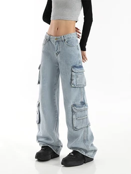 Kadın Kargo Mavi Kot Streetwear Harajuku Baggy Vintage Casual Y2k Düz Kot Geniş Bacak Pantolon Pantolon 2023 yaz giysileri