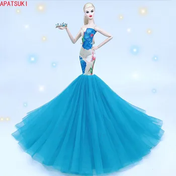 Mavi Çiçek düğün elbisesi için barbie bebek Kıyafetler Kolsuz İnce Dantel Fishtail Parti Kıyafeti 1/6 BJD Bebek Aksesuarları Çocuk Oyuncakları