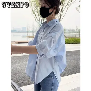 WTEMPO Orta kollu İnce Gömlek Kadın Yaz Moda Yeni Gevşek Düzensiz Düğme T-Shirt Ofis Bayanlar Casual Katı Kore Tops