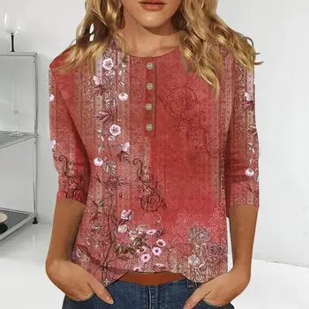 Casual Kadın Bluz Sonbahar Üst Çiçek Baskı Vintage Üç Çeyrek Kol Düğmeleri Dekor Solmaz Nefes Moda bayan bluz